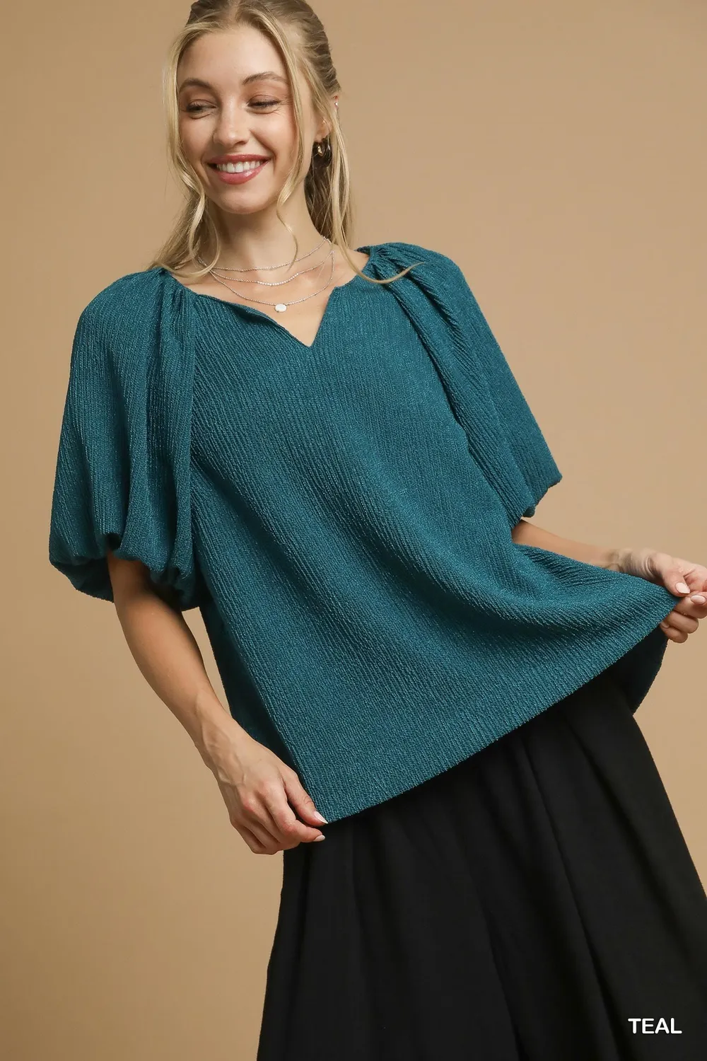 Textured Flutter Sleeve Notch Neck Top