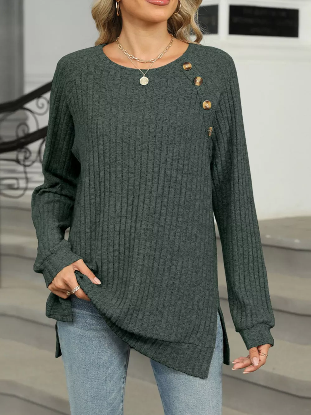 Round Neck Side Slit Ribbed Knit Top with Asymmetric Button Detail, image 10