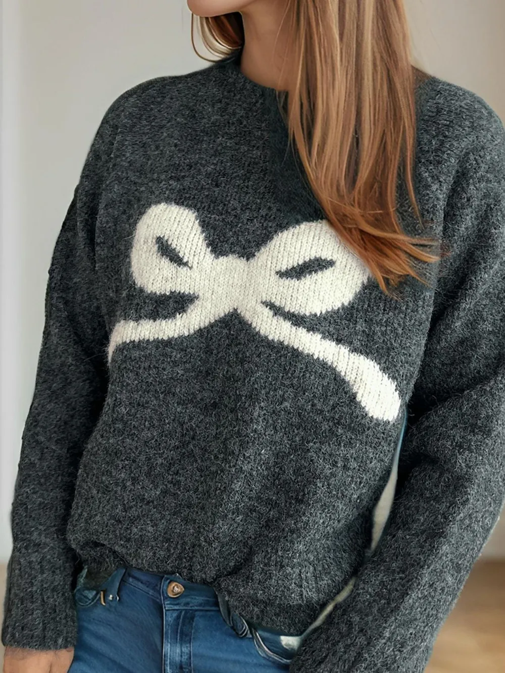 Bow Round Neck Long Sleeve Sweater, image 11