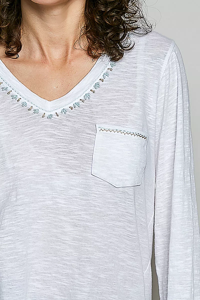 POL Contrast Hand-Stitch V-Neck Lightweight Knit Long Sleeve Top, image 6
