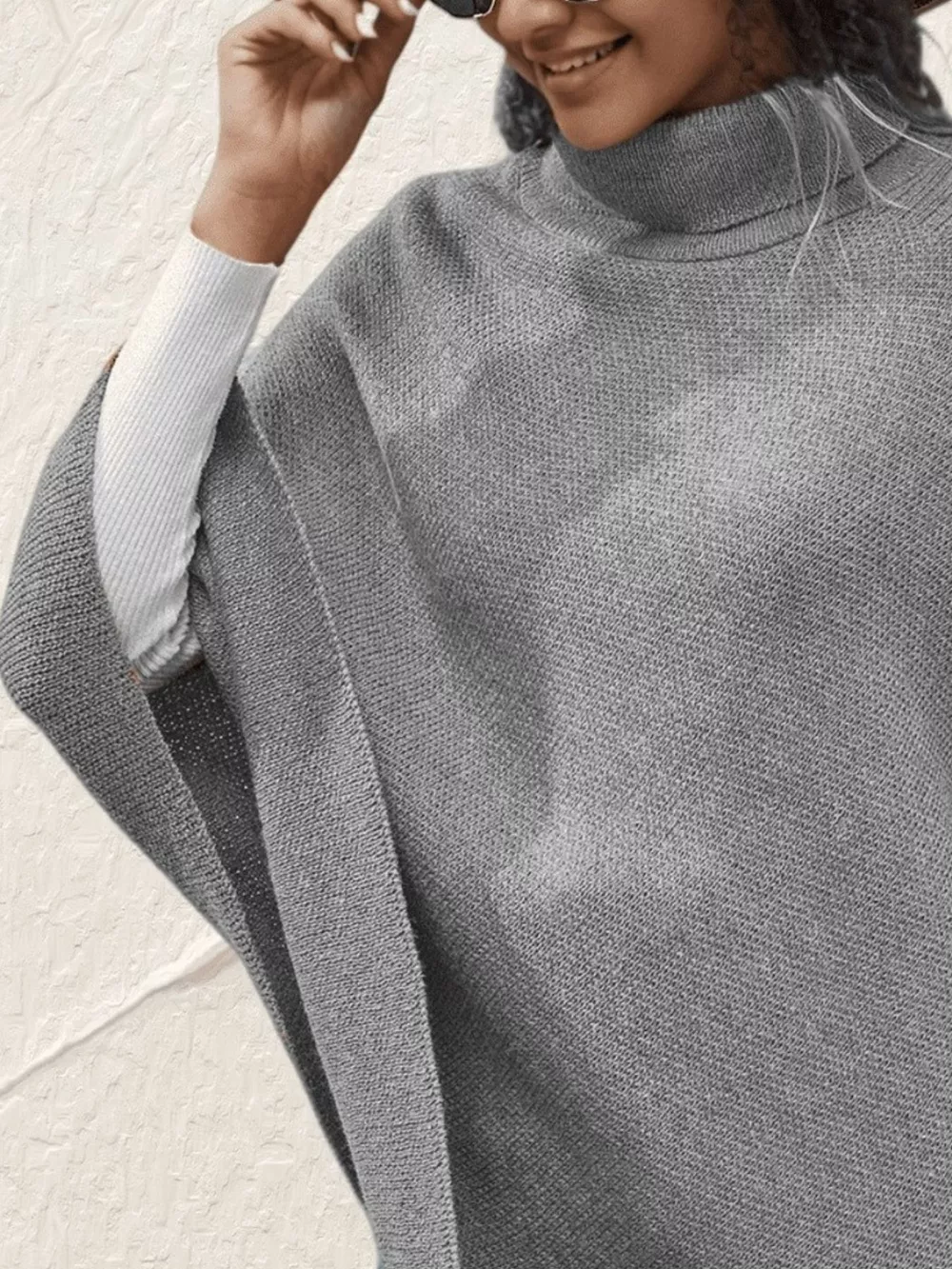 Button-Decor Turtleneck Poncho Pullover, image 12