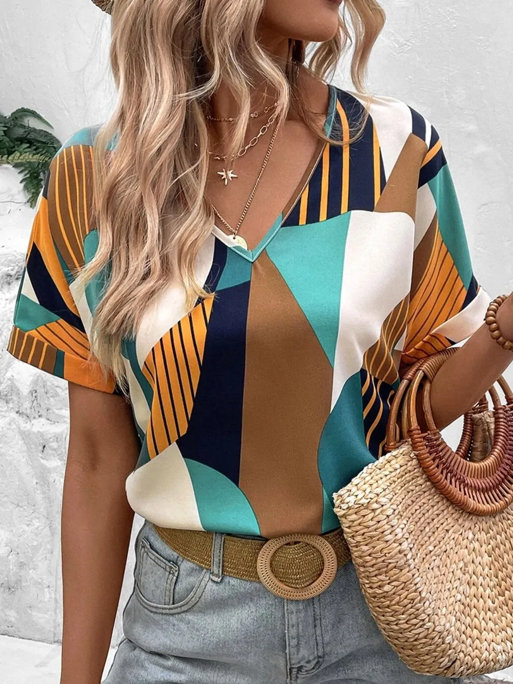Printed V-Neck Short Sleeve Blouse, image 12