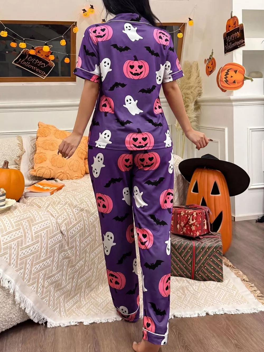 Halloween Pumpkin Print Button-Down Top and Pants Set, image 12