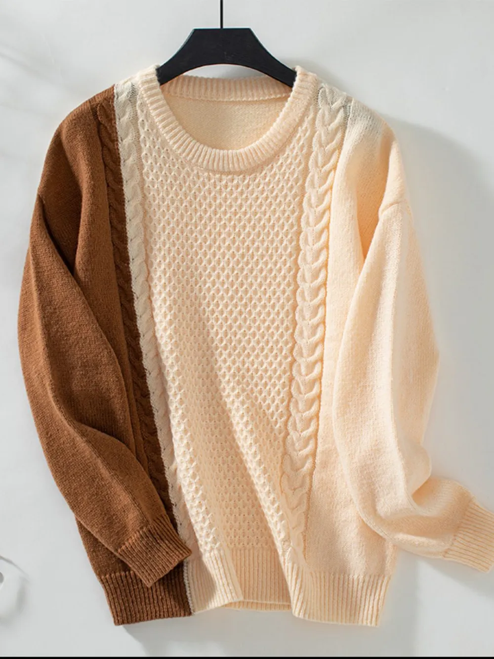 Two Tone Cable Knit Round Neck Long Sleeve Sweater, image 6