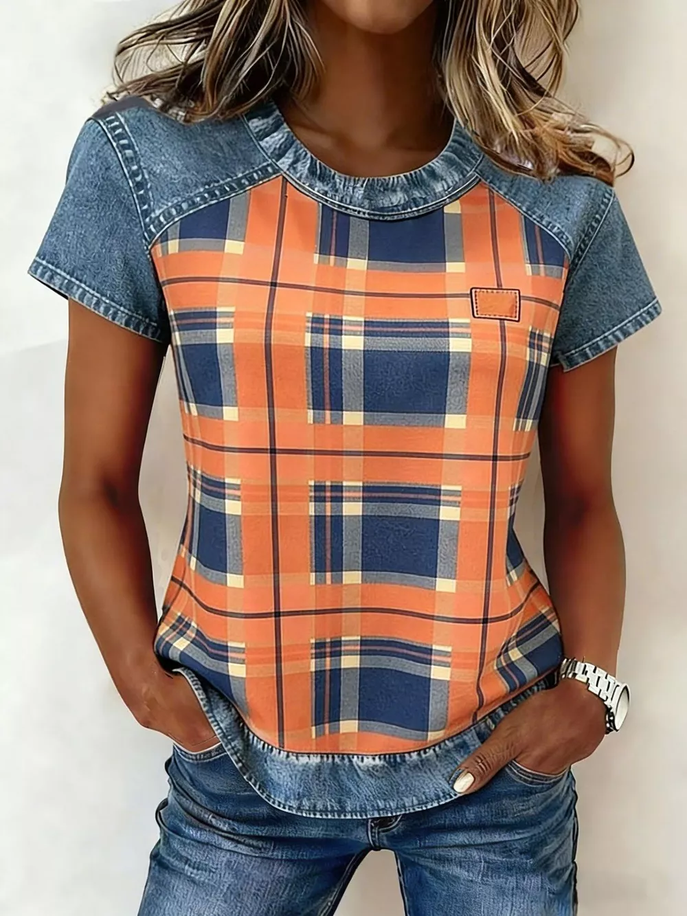 Denim Patchwork Short Sleeve Blouse, image 13