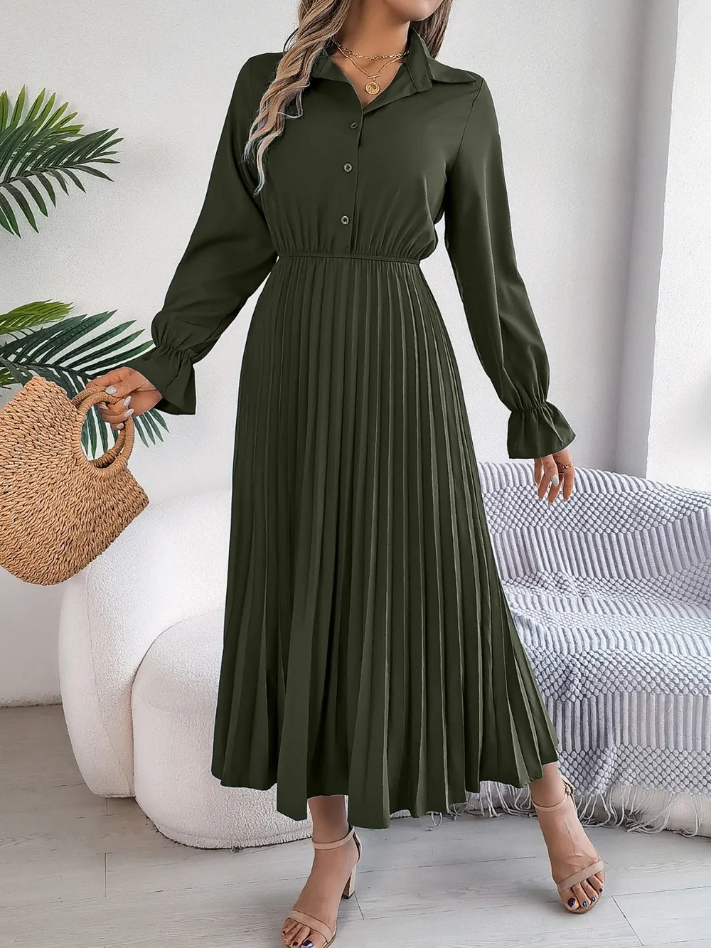 Pleated Half Button Long Sleeve Midi Dress, image 18