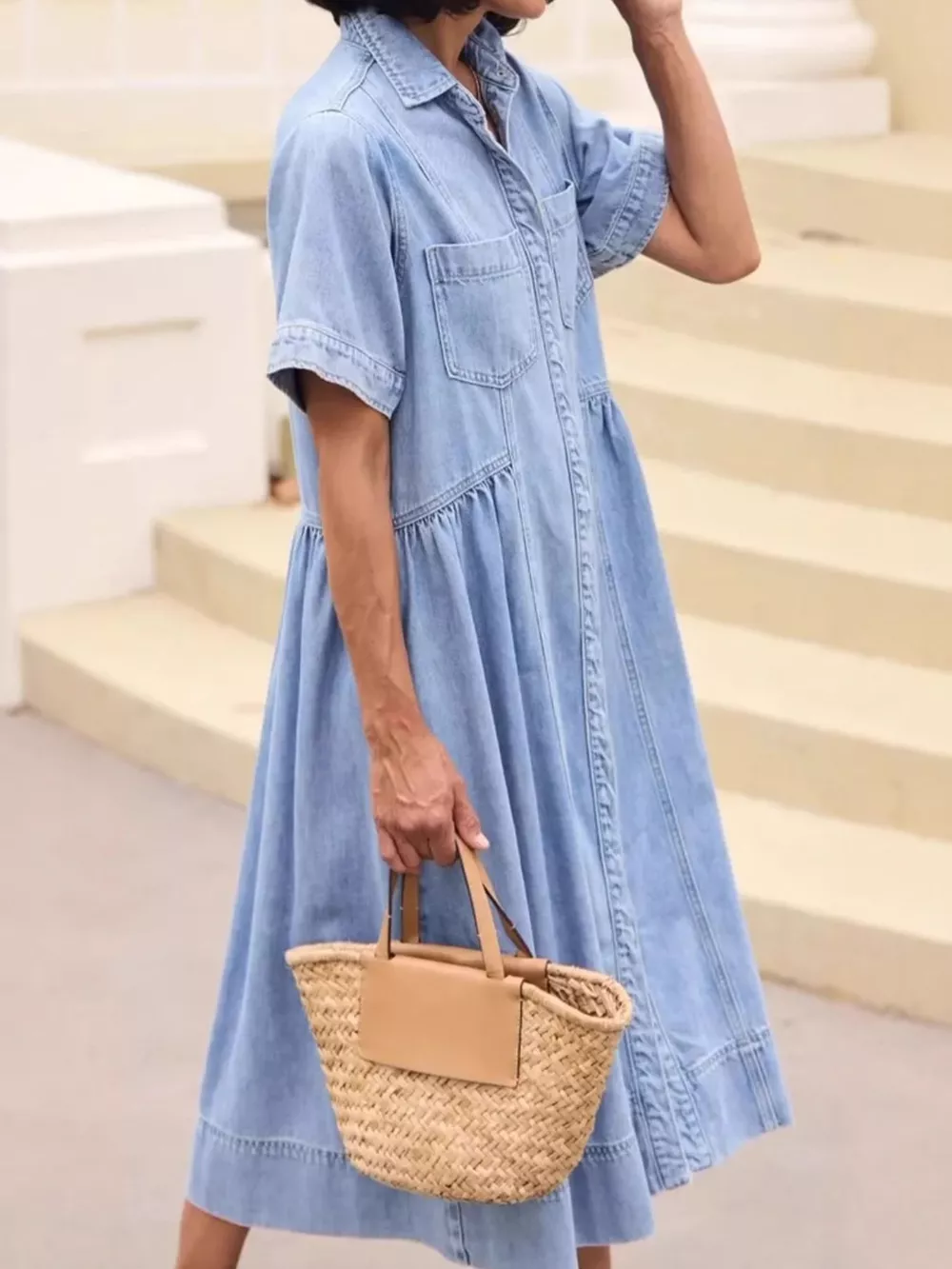 Full Size Button Front Denim Midi Dress Plus Size, image 2