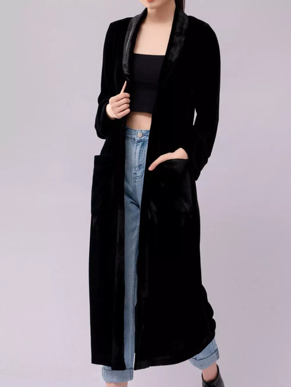 Velvet Lapel Collar Longline Coat