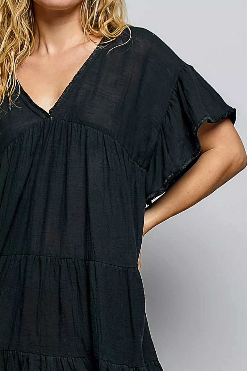 POL Ruffle Shirred V-Neck Short Sleeve Cotton Dress, image 6