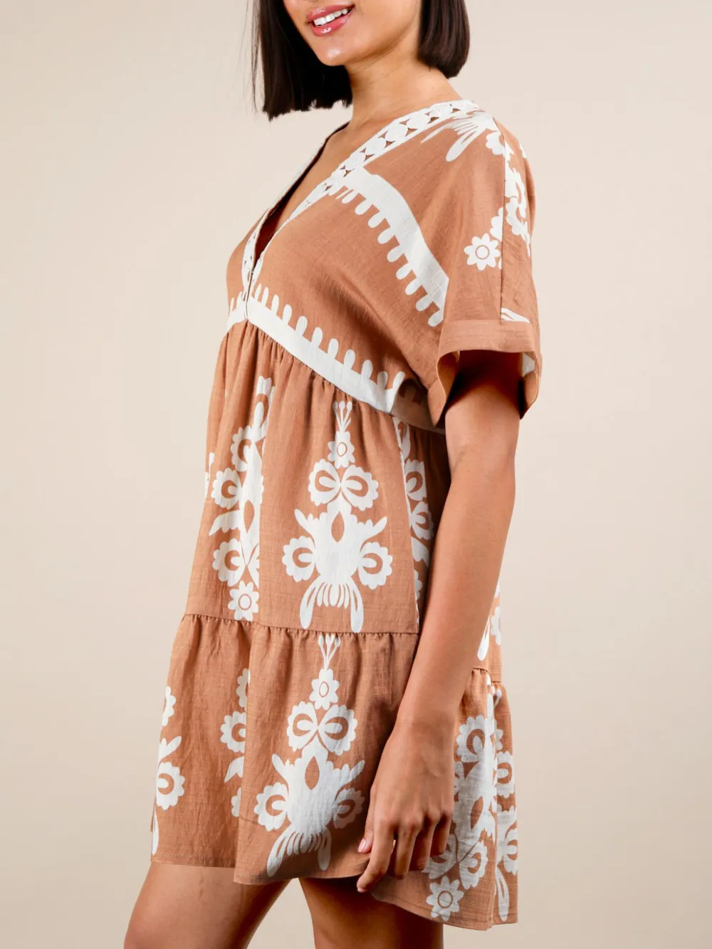 Printed V-Neck Short Sleeve Mini Dress, image 8