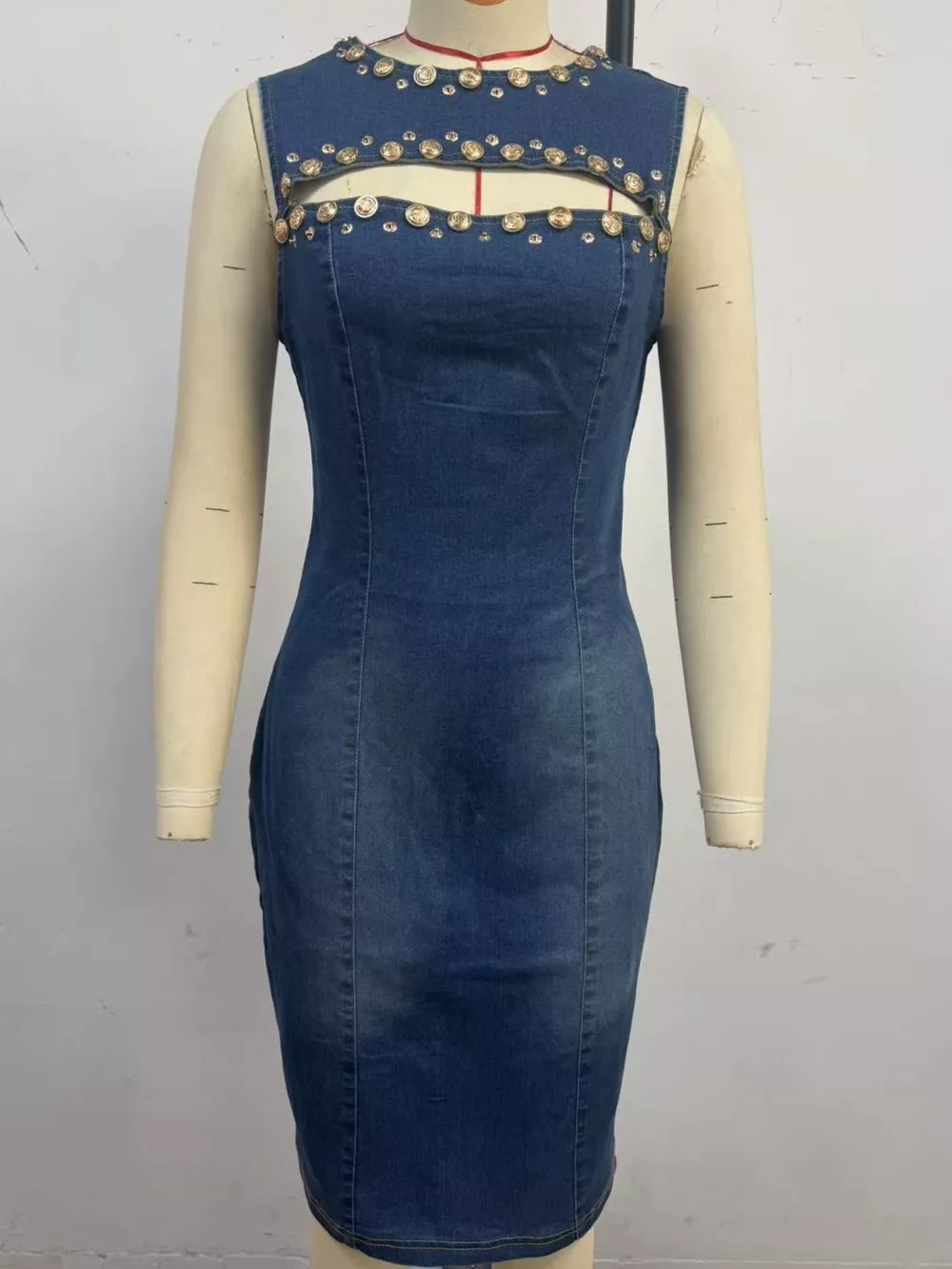 Embellished Cutout Sleeveless Denim Dress, image 4