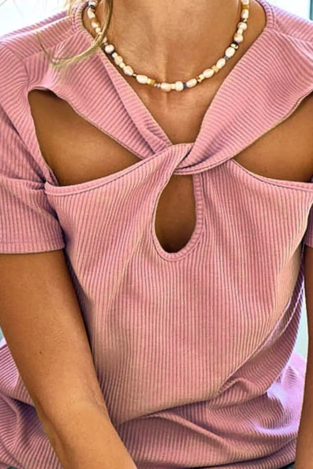 Rib Knit with Cut Out and Front Twist Detailed Top, image 3