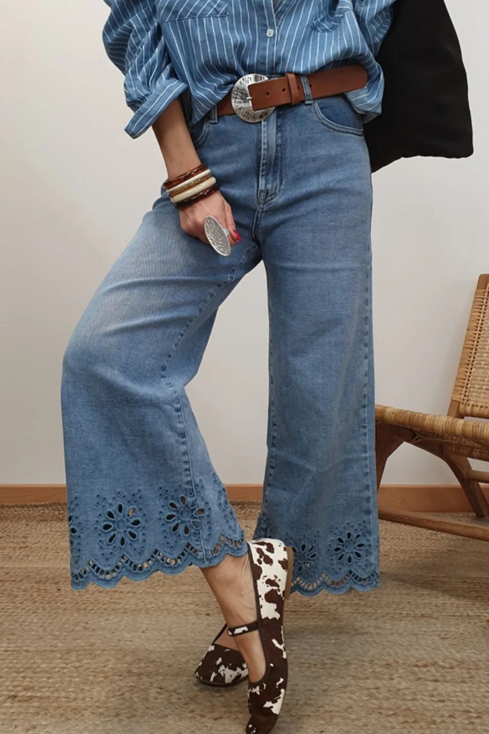 Lace Detail Cropped Wide Leg Jeans, image 2