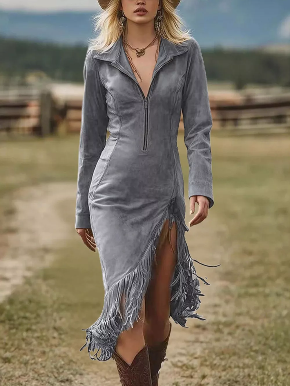 Full Size Fringe Hem Zip Front Bodycon Dress Plus Size, image 11