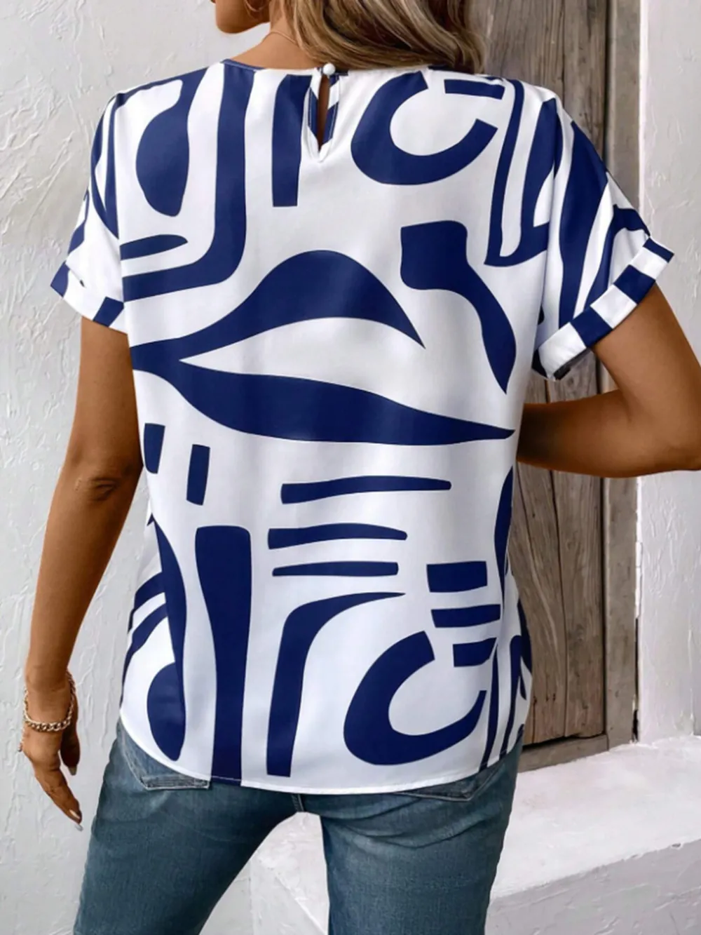 Contrast Round Neck Short Sleeve Blouse, image 10
