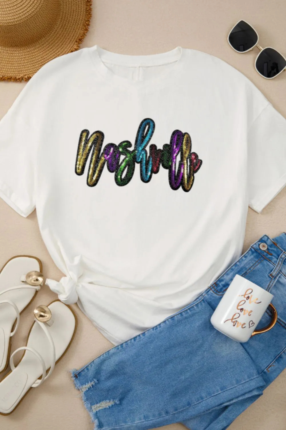 Sequin Round Neck Short Sleeve Oversized T-Shirt, image 6