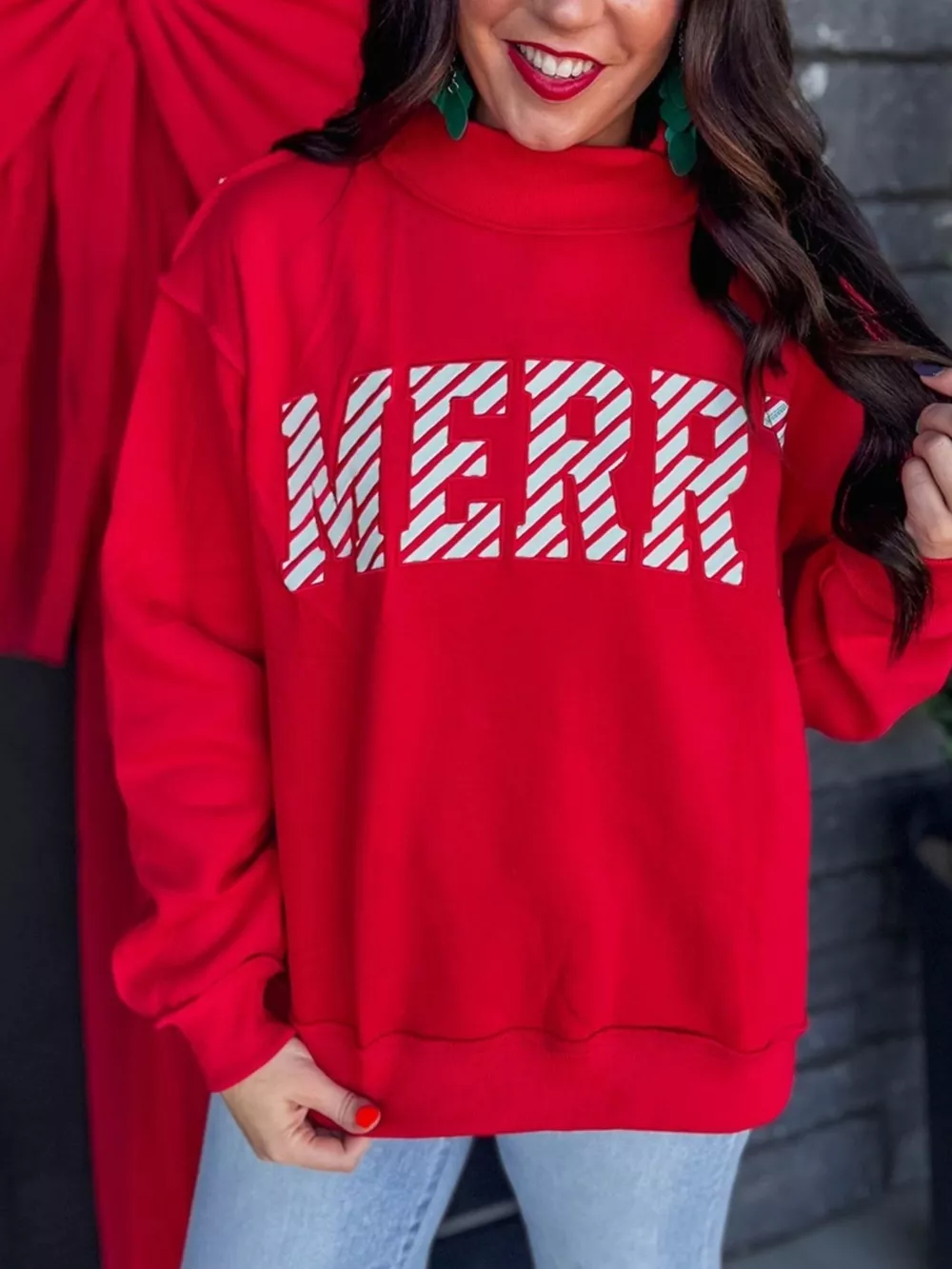Embroidered Merry Slogan Stand Neck Long Sleeve Sweatshirt, image 4