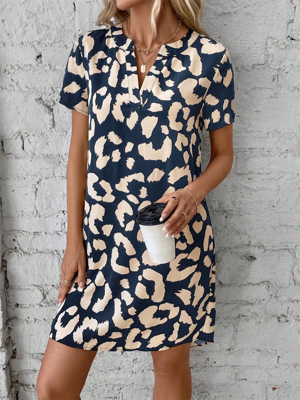 Printed Notched Short Sleeve Mini Dress, image 6