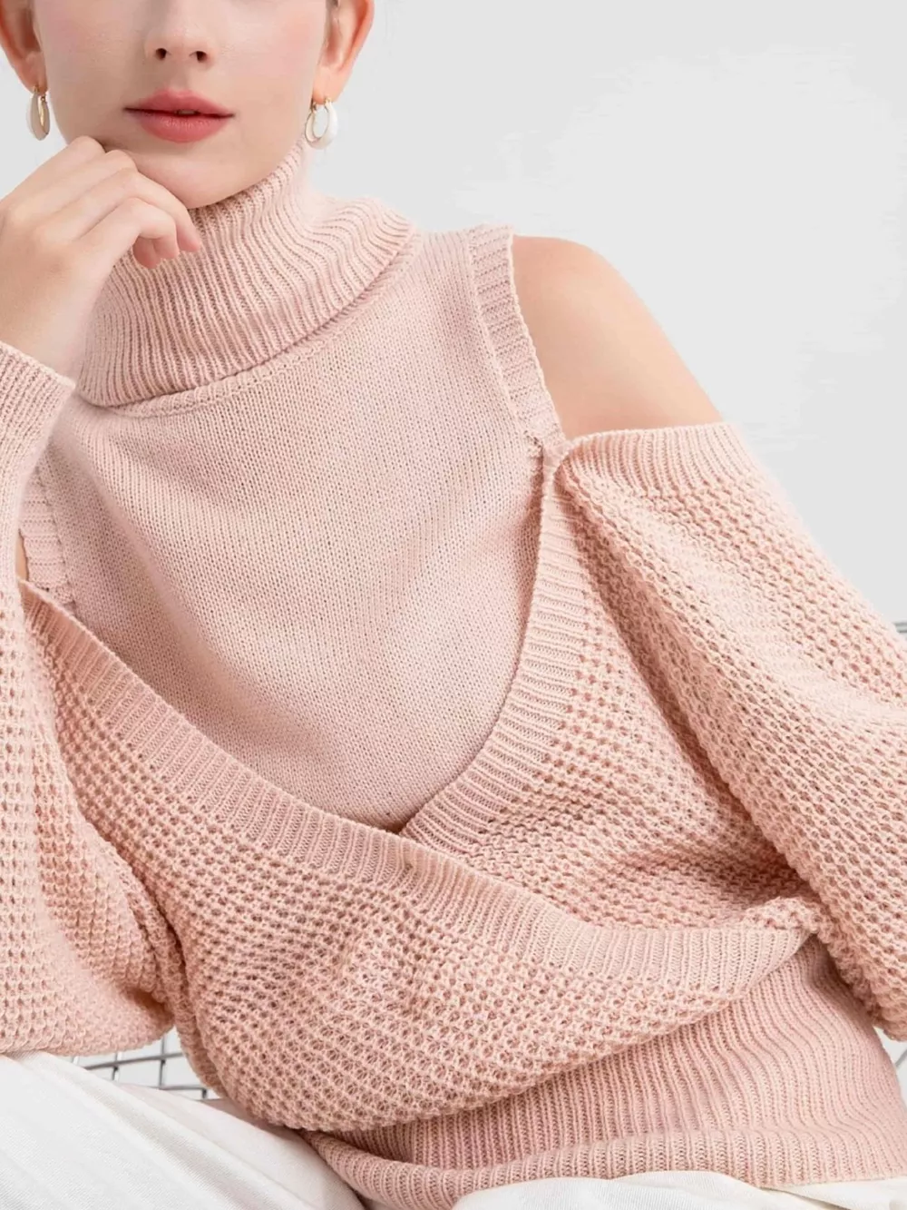Waffle Knit Cold Shoulder Turtleneck Sweater, image 5