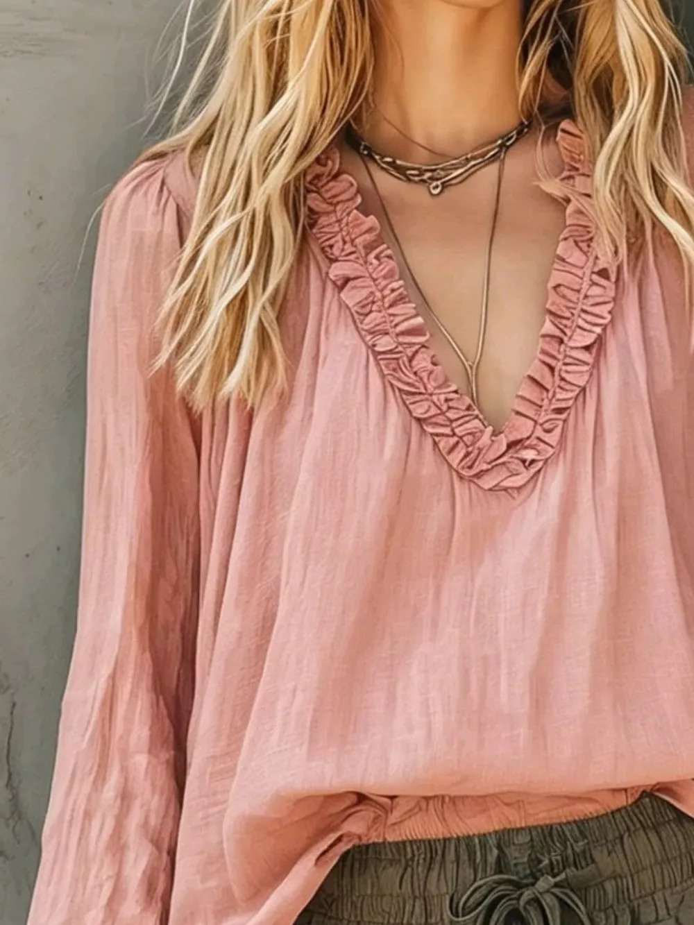 Frill V-Neck Long Sleeve Blouse, image 4