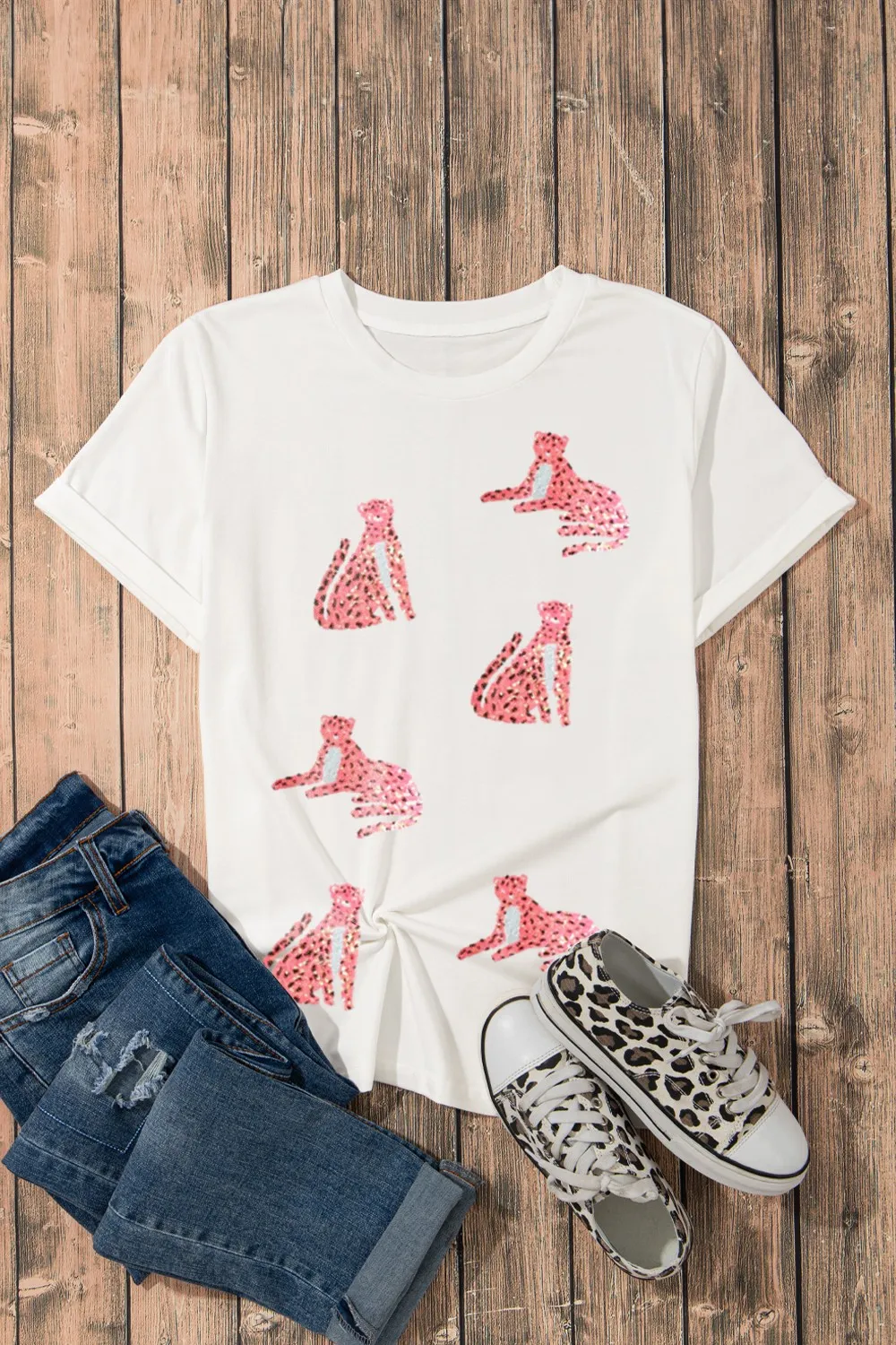 Sequin Leopard Round Neck Short Sleeve T-Shirt, image 5