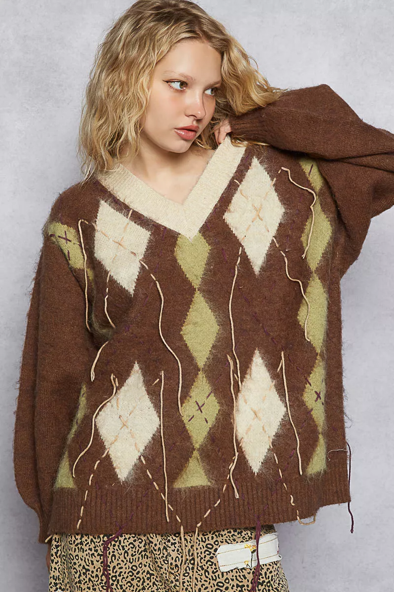 V-Neck Argyle Pattern Mohair Sweater with Contrast Exposed Stitch Detail, image 13