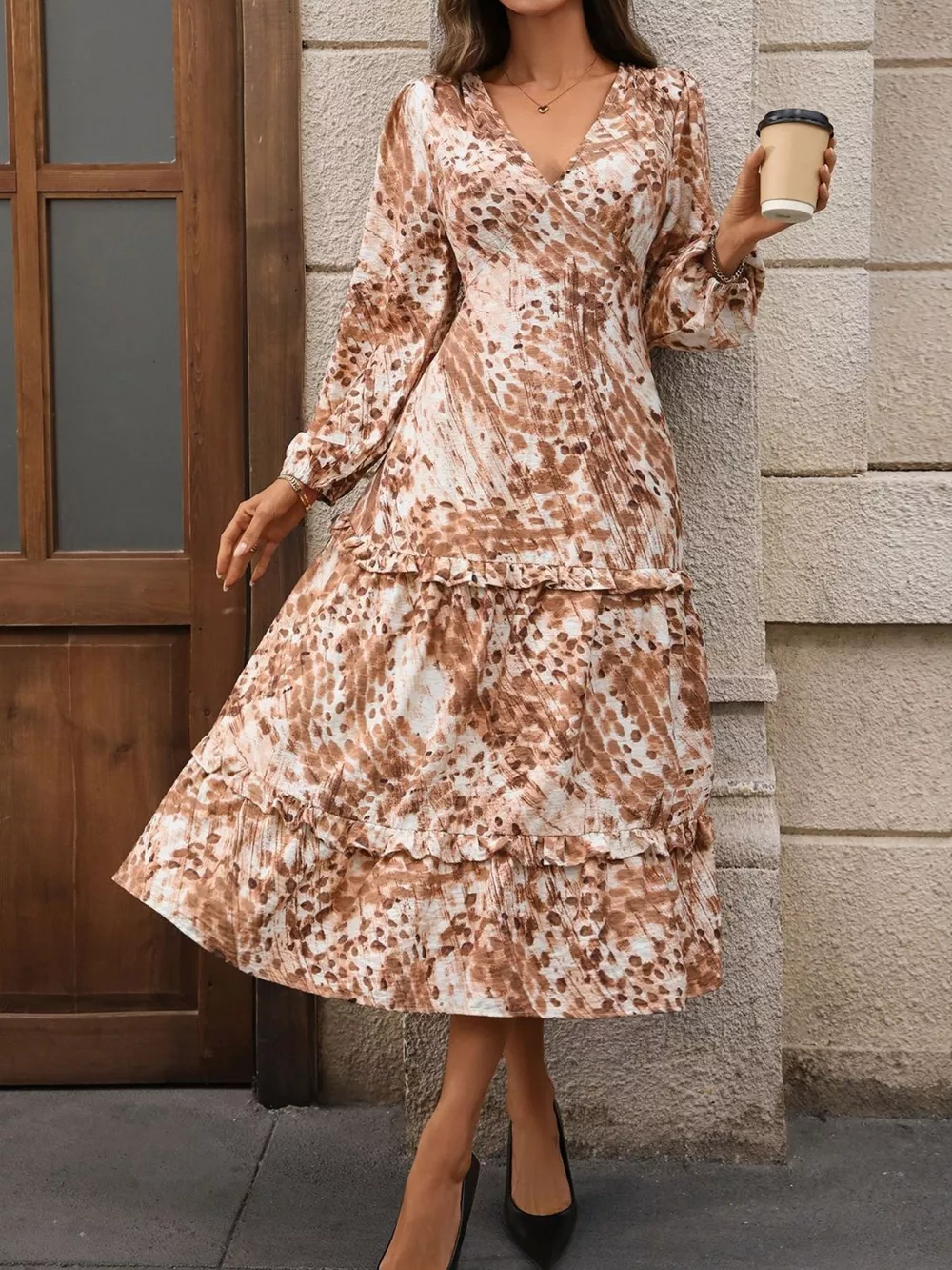 Ruffled V-Neck Balloon Sleeve Dress, image 9