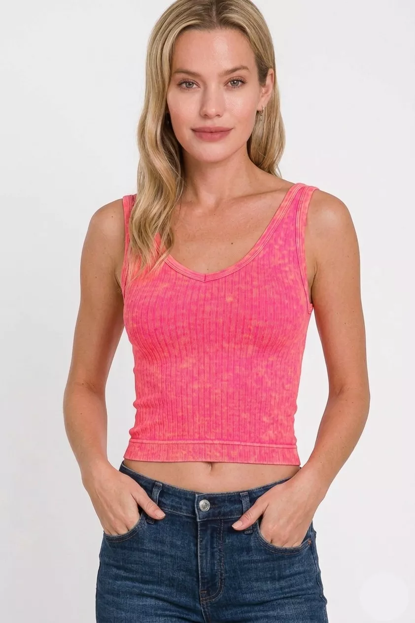 Washed Ribbed Seamless Cropped V-neck Tank Top, image 3