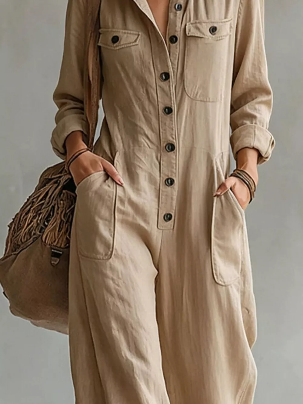 Full Size Long Sleeve Button Front Jumpsuit Plus Size, image 20