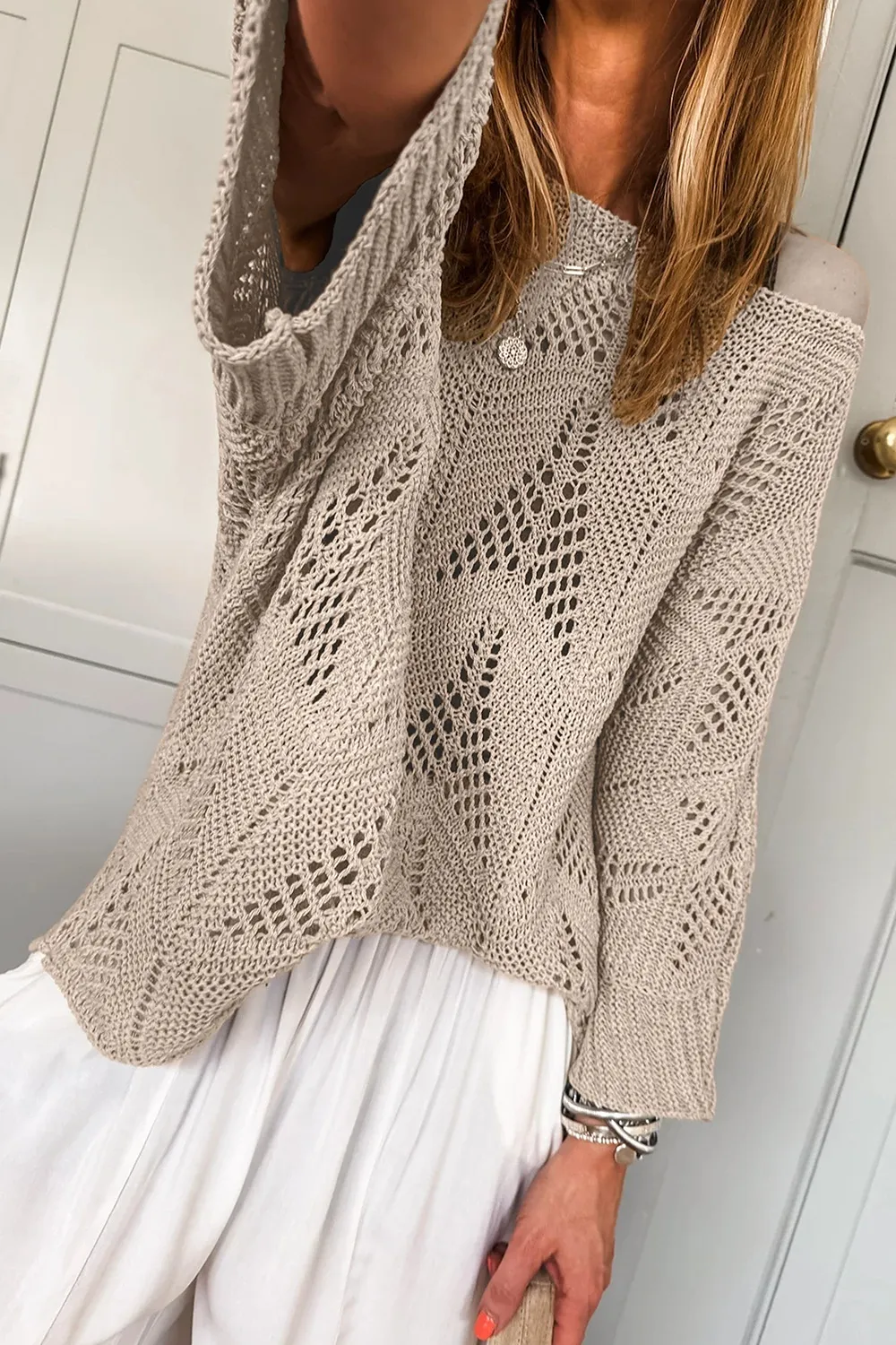 Openwork Round Neck Knit Top, image 6