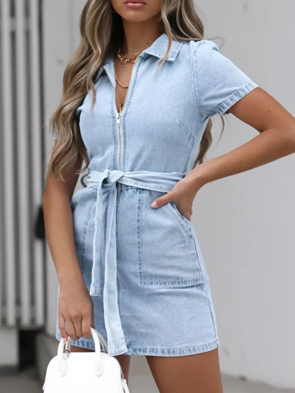 Zip Front Short Sleeve Denim Dress, image 20