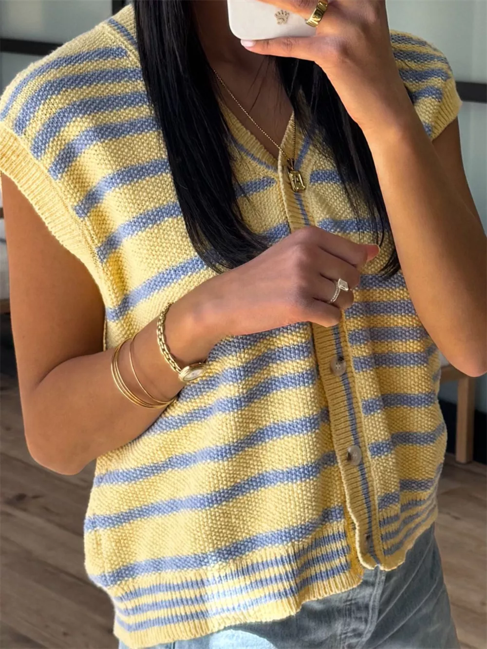 Striped Knit Button Up Cap Sleeve Cardigan, image 6