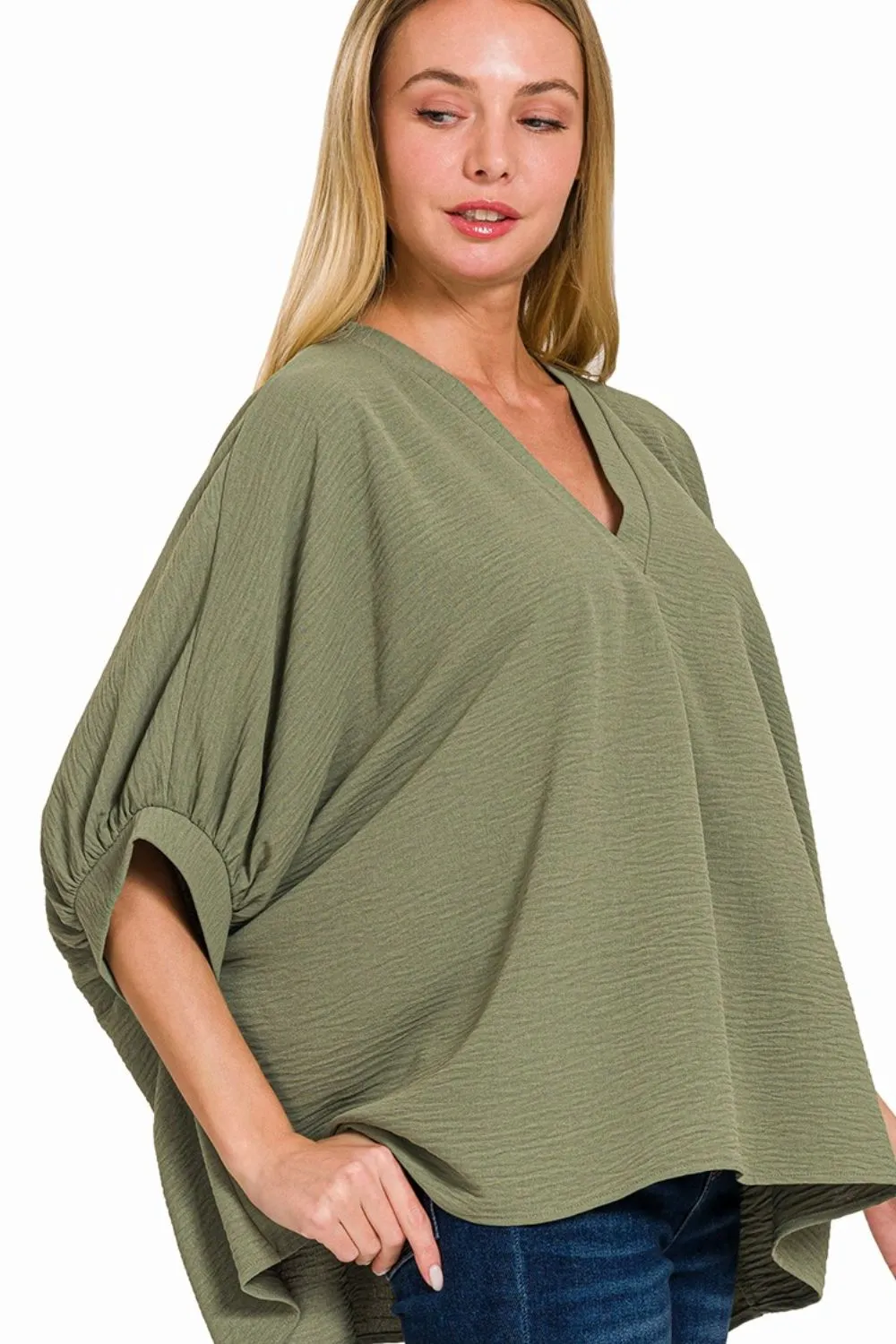 Woven Airflow V-neck Puff Half Sleeve Top, image 2