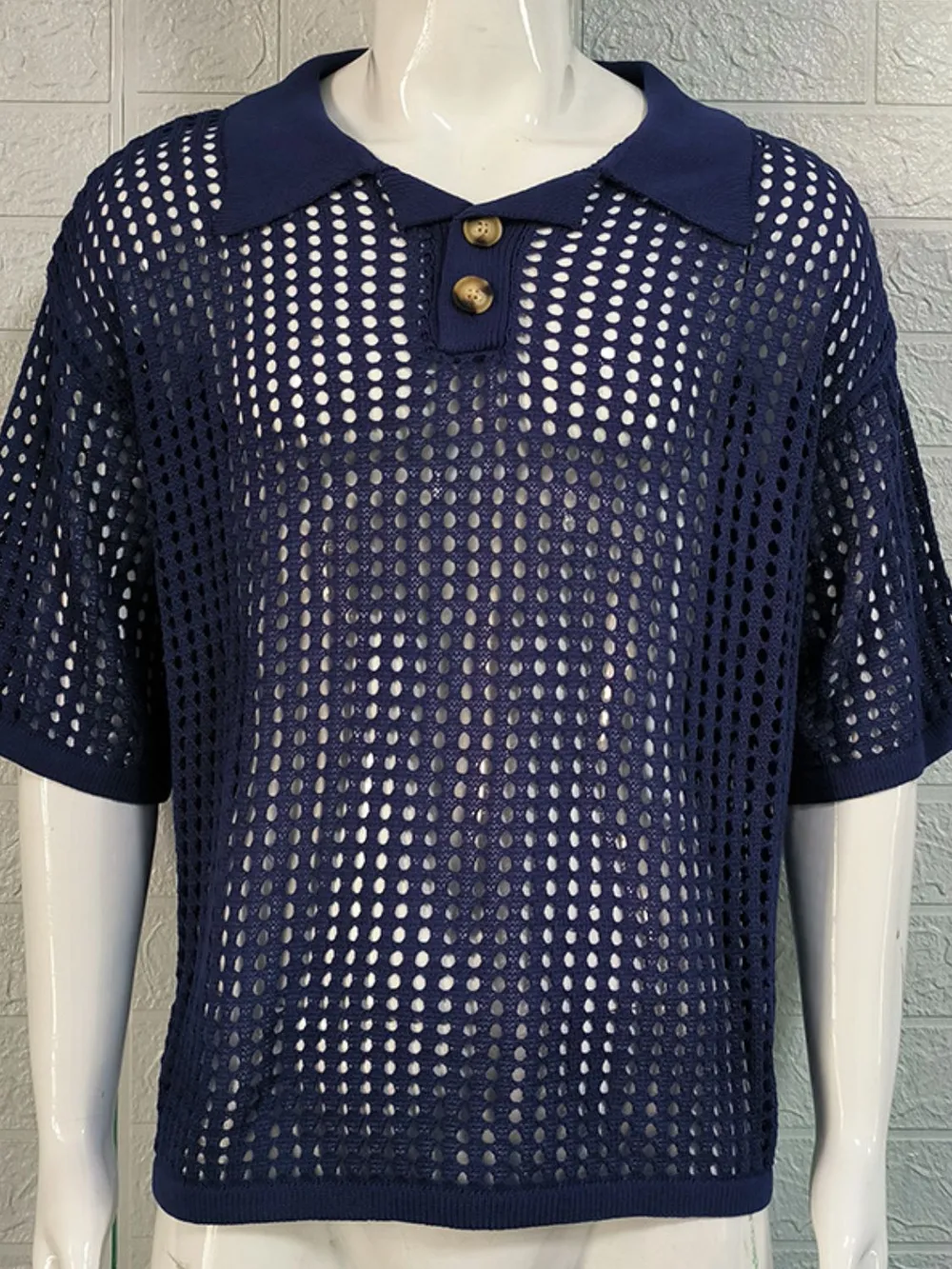 Men's Plus Size Openwork Collared Neck Quarter Button Knit Polo, image 11
