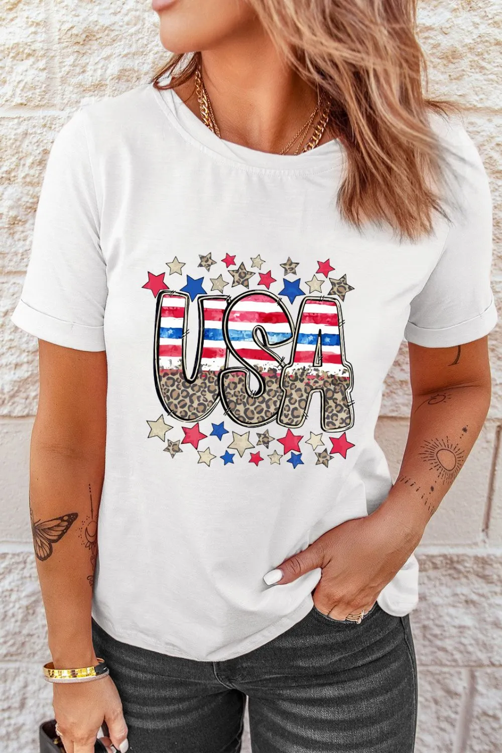 Patriotic Star Leopard USA Letter Graphic T Shirt, image 3
