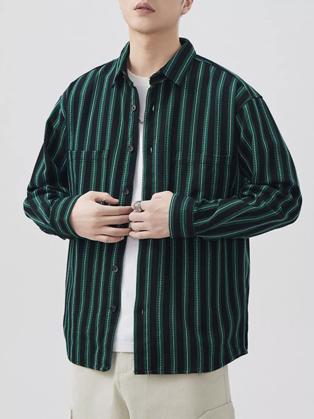 Men's Plus Size Striped Button Up Long Sleeve Shirt, image 6