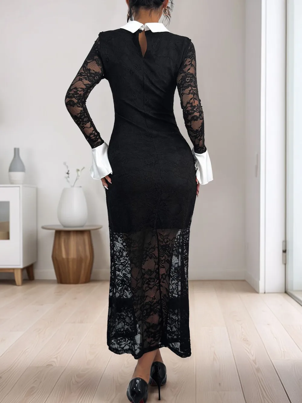 Lace Contrast Collared Neck Long Sleeve Midi Dress, image 6