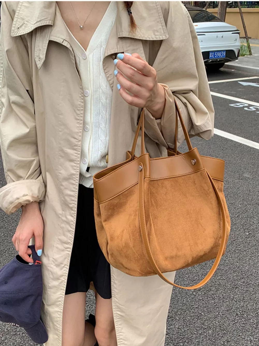 Suede and Leather Trim Shoulder Bag, image 4