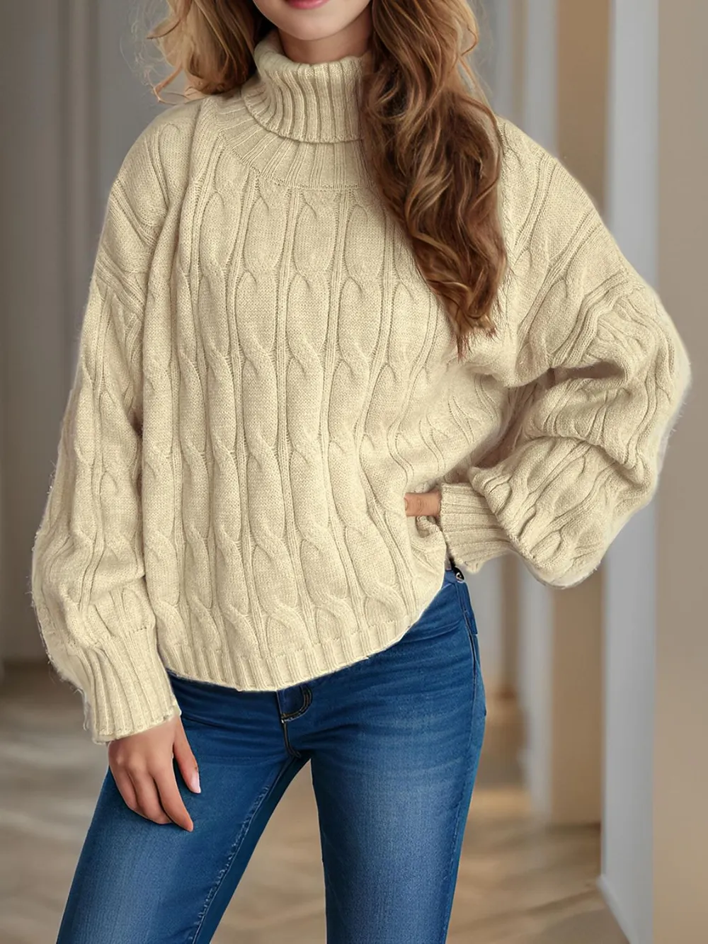 Cable-Knit Turtleneck Long Sleeve Sweater, image 17