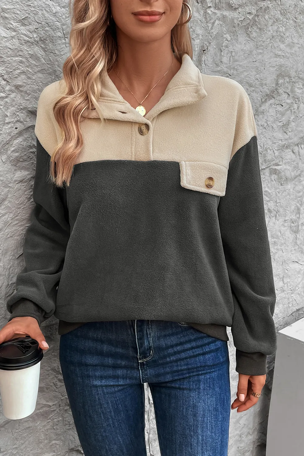 Color Block Quarter Button Dropped Shoulder Sweatshirt, image 4