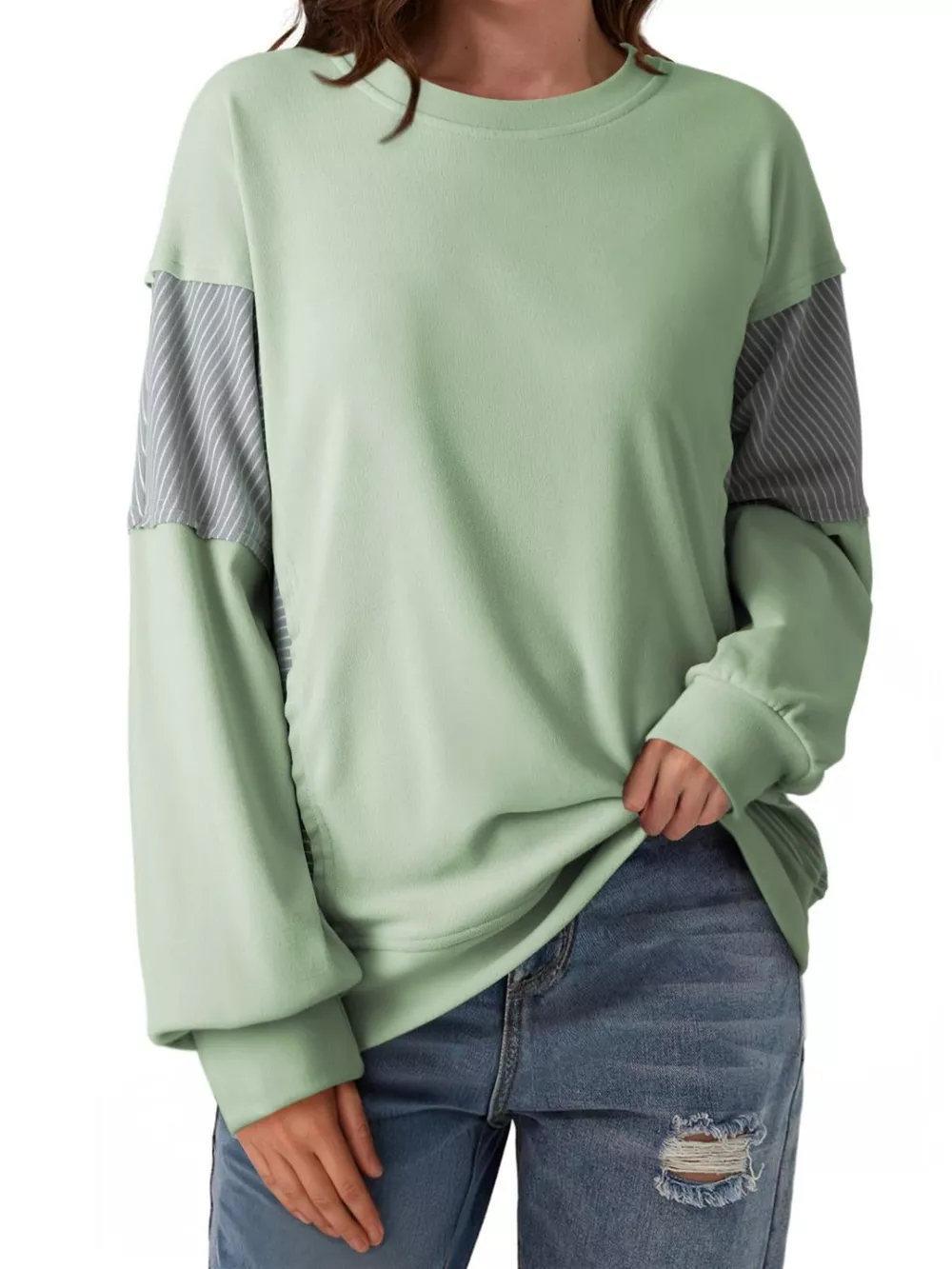 Color Block Striped Sleeve Casual Sweatshirt, image 23