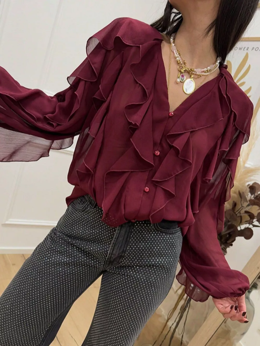 Ruffled Sheer Long Sleeve Blouse, image 26