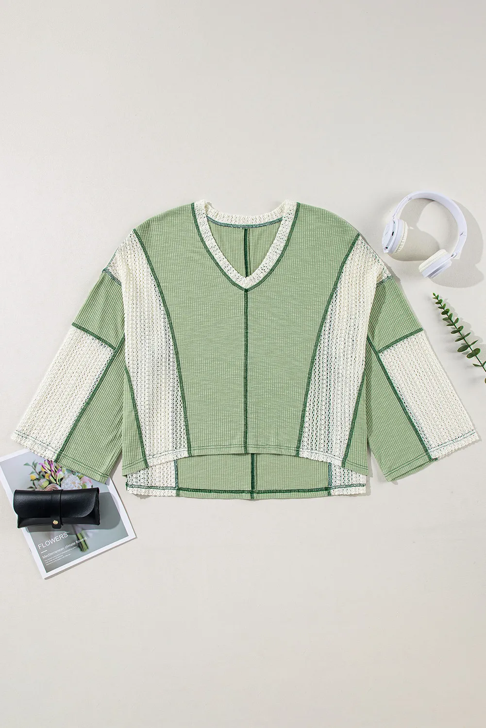 Lace Detail Contrast V-Neck Long Sleeve Blouse, image 6