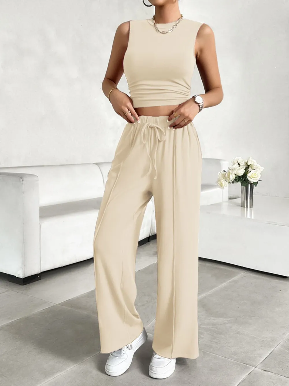 Mock Neck Sleeveless Top and Drawstring Pants Set, image 18