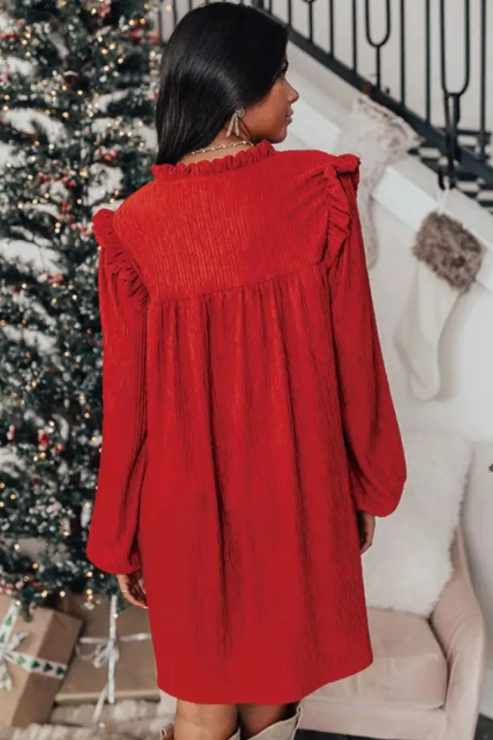 Frill Notched Long Sleeve Dress, image 5