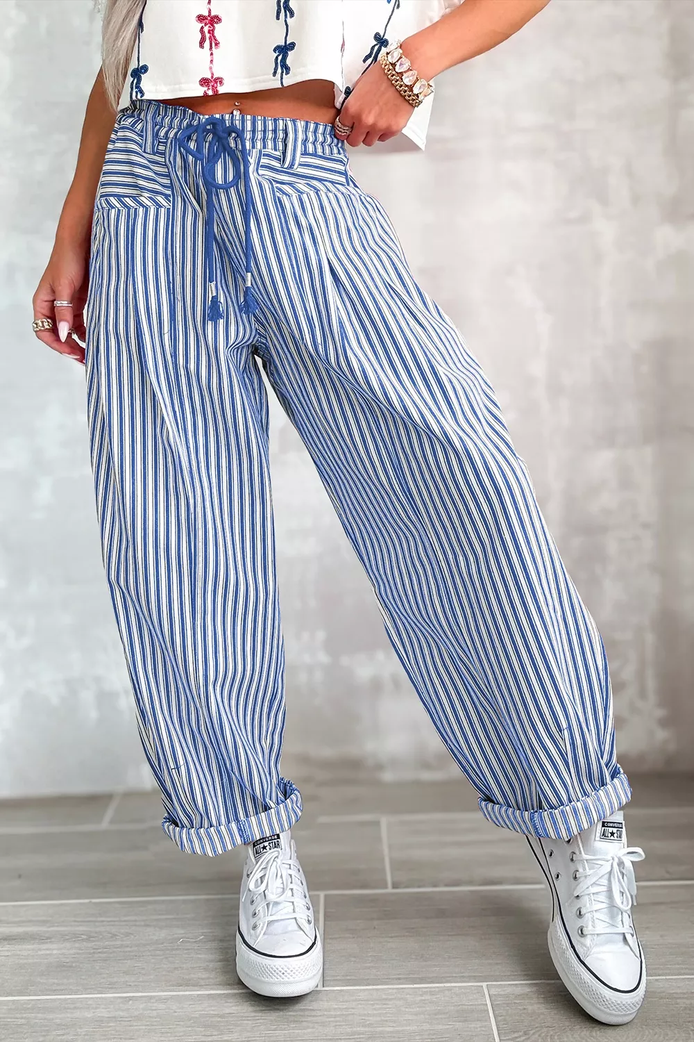 Stripe Drawstring Casual Loose Pants, image 14