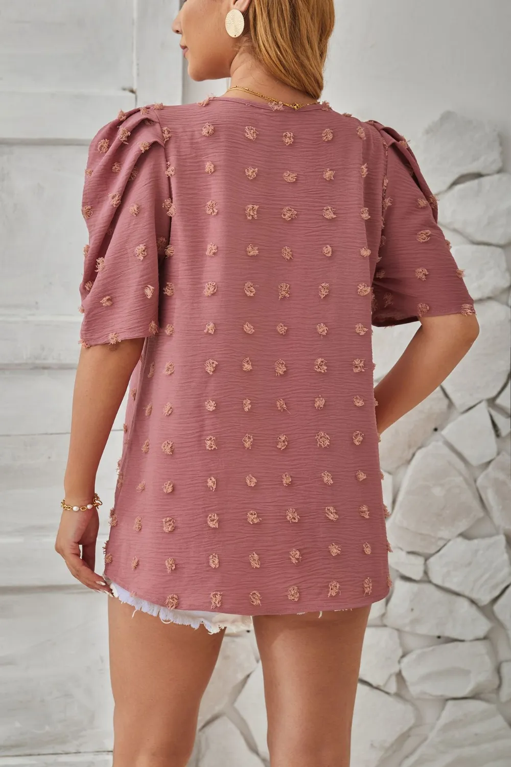 Swiss Dot Round Neck Short Sleeve Blouse, image 3