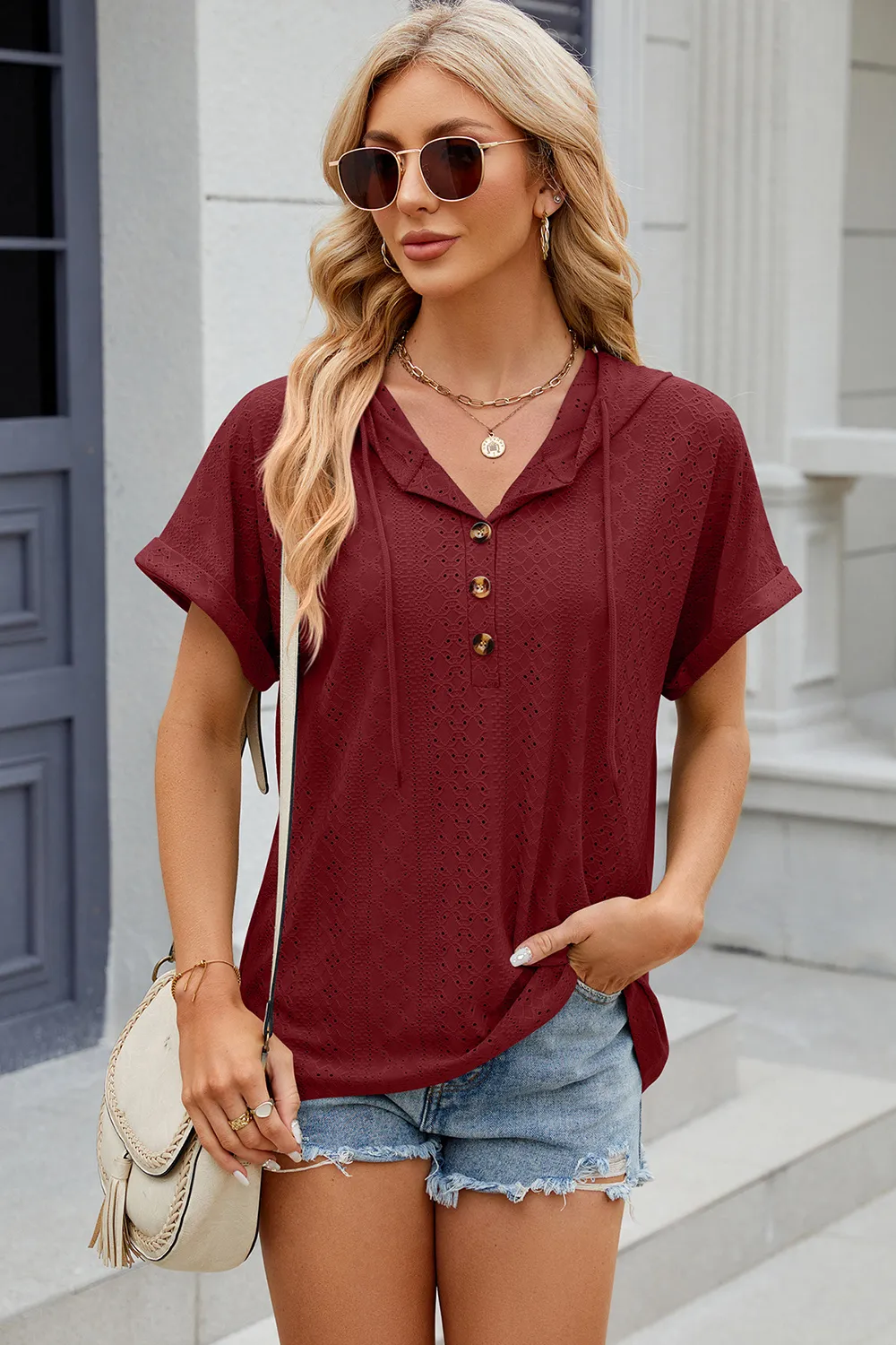 Eyelet Drawstring Hooded Short Sleeve Blouse, image 7