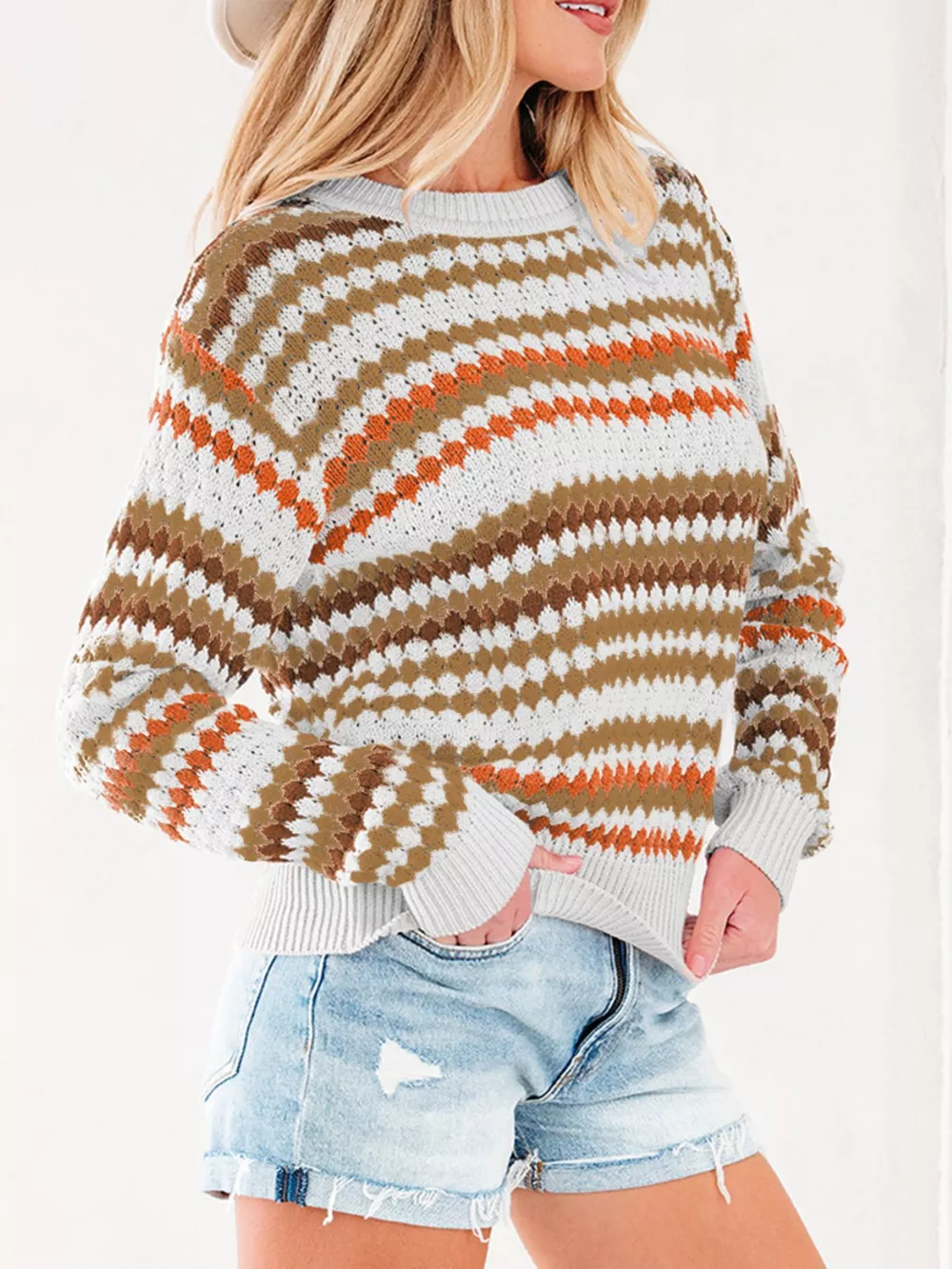 Stripe Eyelet Patterned Drop Shoulder Sweater, image 4