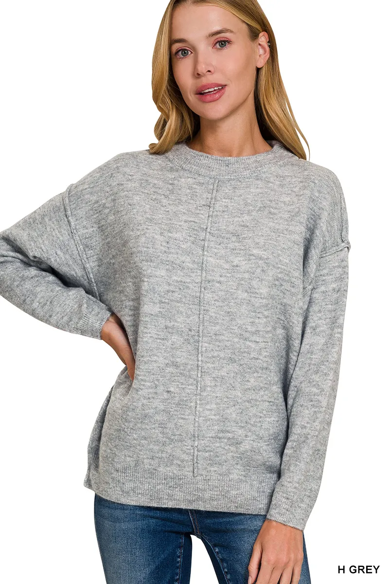 Melange Front Seam Round-Neck Sweater